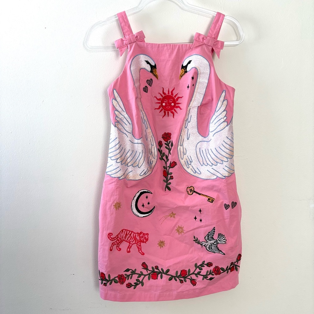 New Anthropologie Maeve pink swan embroidered mini shift dress - Picture 6 of 11